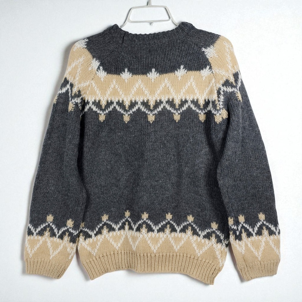 Vintage Mohair Knit Sweater Women's Small Gray Beige Fair Isle Pattern Crew Neck - Picture 2 of 10